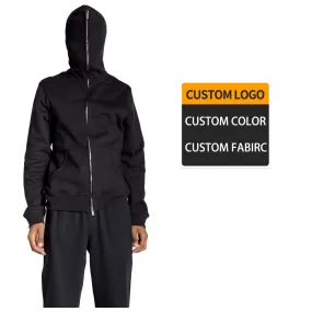 Black plain full face zip up hoodie custom tracksuit heavy sweatsuit cotton casual emboss hoodie