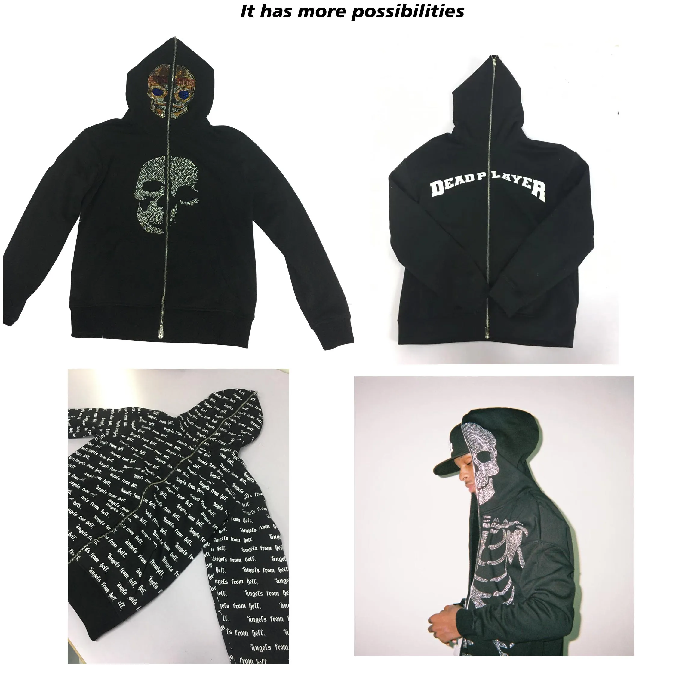 Black plain full face zip up hoodie custom tracksuit heavy sweatsuit cotton casual emboss hoodie