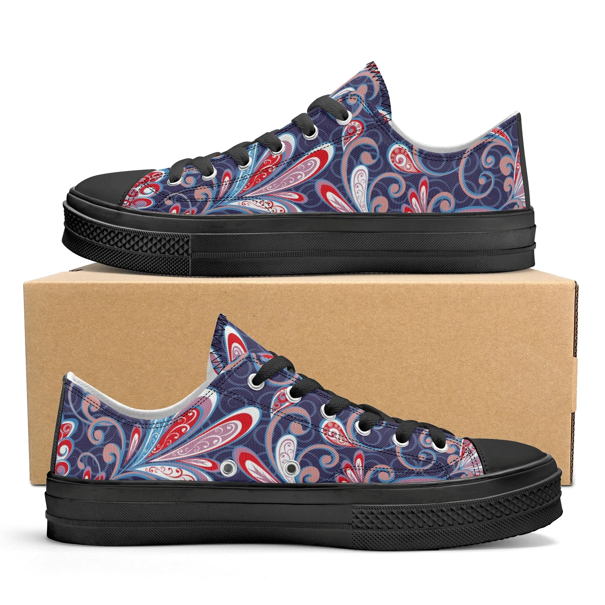 Blue and Red Paisley Pattern - Mens Classic Low Top Canvas Shoes for Footwear Lovers