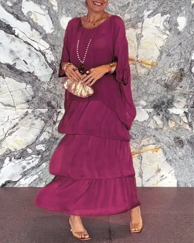 Fashion O-Neck Solid Commuter Long Dress Elegant Casual Layered Ruffle Edge Party Dress Bat Sleeve Chiffon Beach Vacation Dress