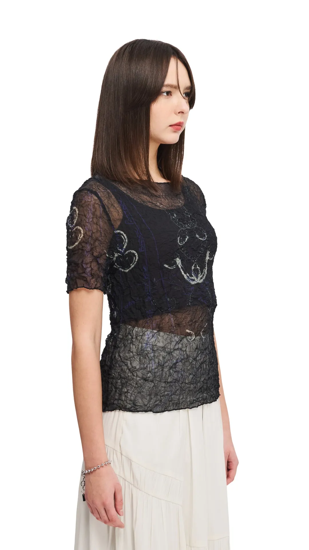 French Curve Ruler Print Crinkle Pleated Top