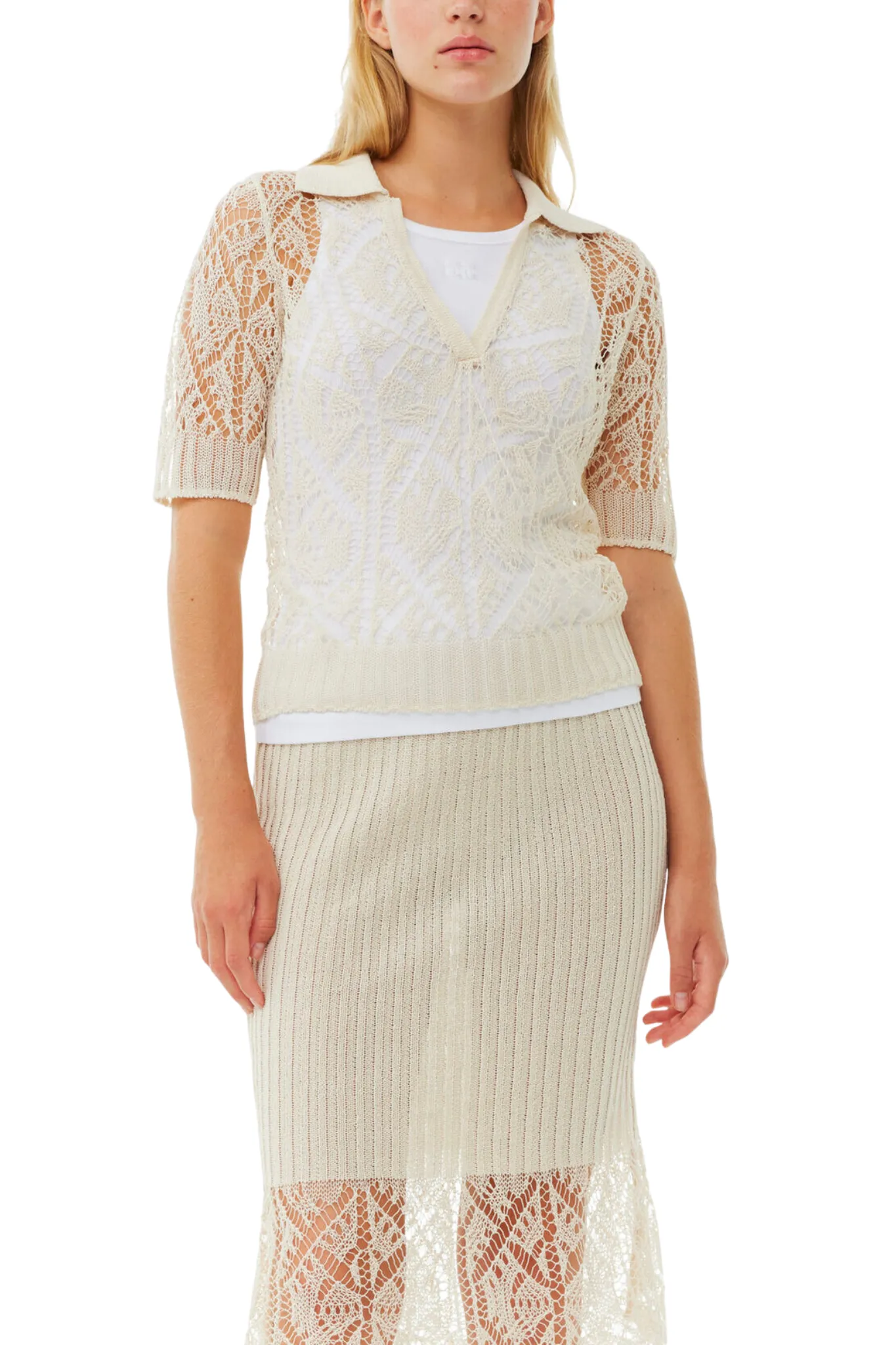 Ganni Thin Cotton Lace Short Sleeve Polo