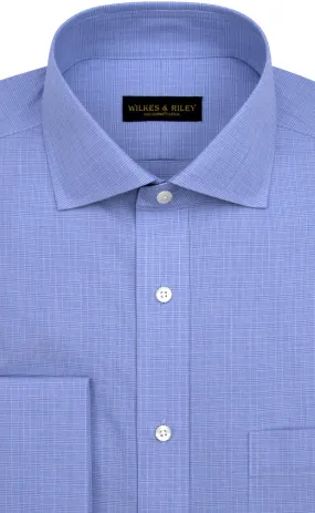 Slim Fit Blue Micro Plaid English Spread Collar French Cuff Supima® Cotton Non-Iron Broadcloth Dress Shirt