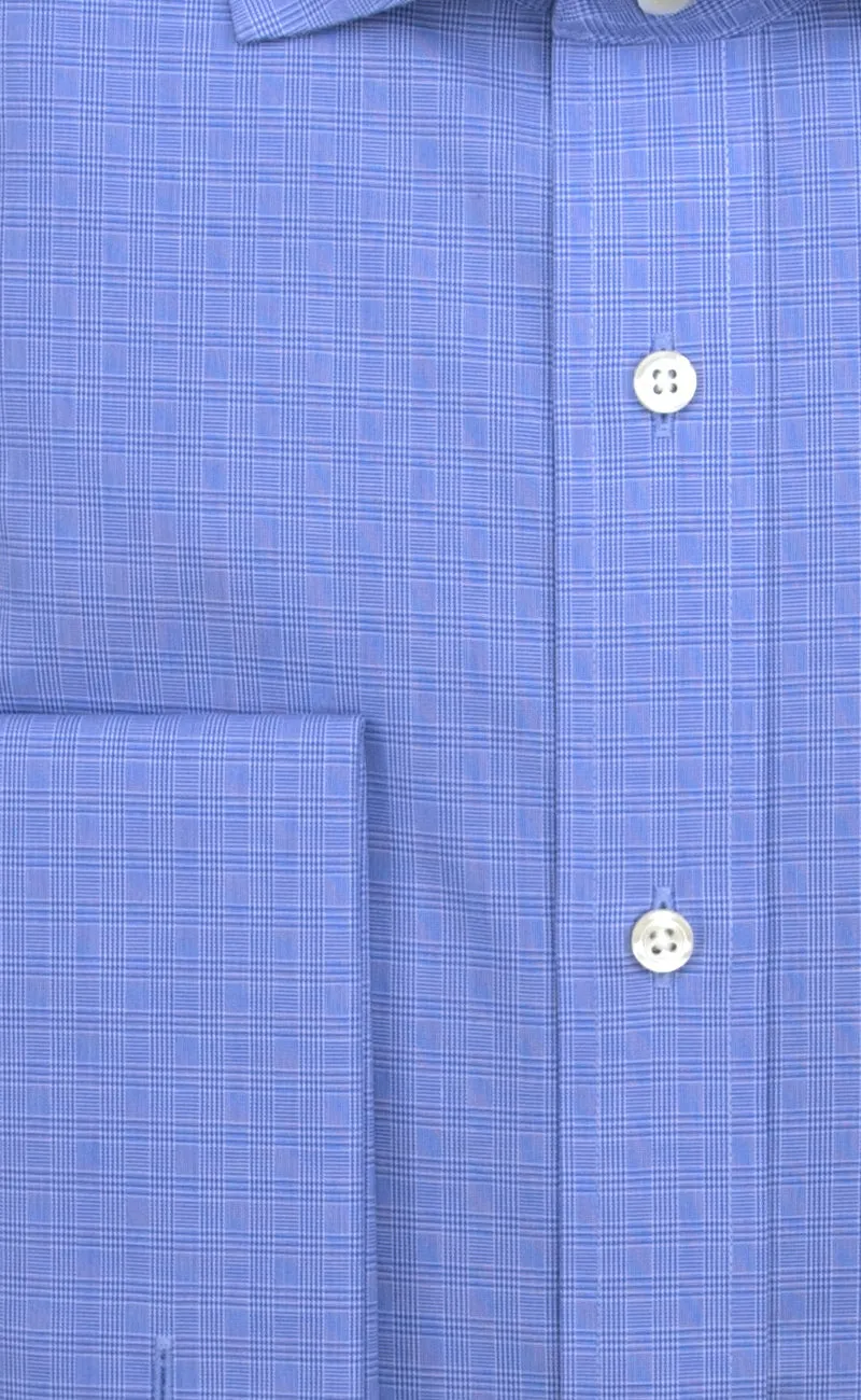 Slim Fit Blue Micro Plaid English Spread Collar French Cuff Supima® Cotton Non-Iron Broadcloth Dress Shirt