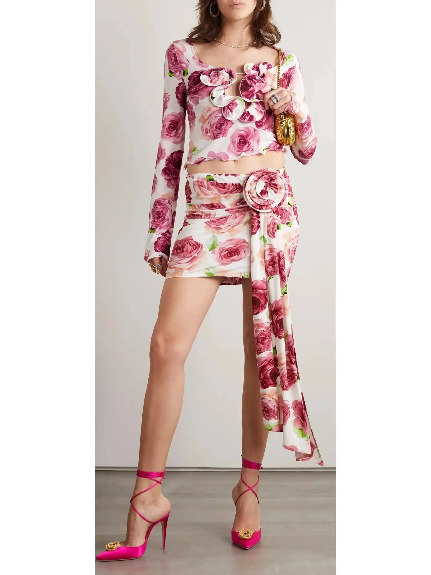 Women’s 3d Floral-Print Long-Sleeve Top and Skirt Set